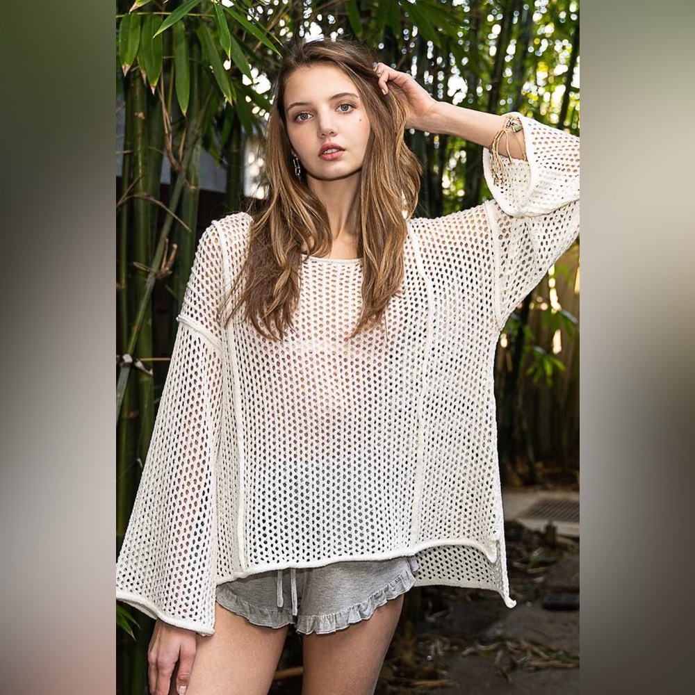 POL White Loose Knit Long Sleeve Pullover Sweater or Swim Coverup